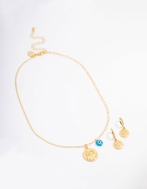 Gold Plated Coin Evil Eye Necklace & Earring Jewellery Set