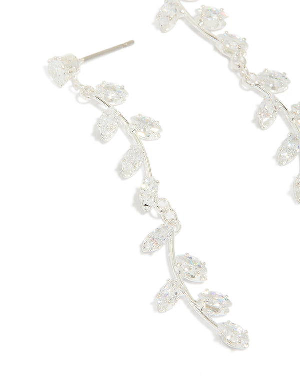 Silver Plated Long Swirling Cubic Zirconia Vine Drop Earrings
