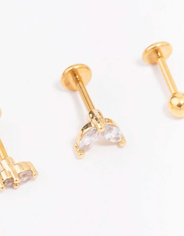 Gold Plated Surgical Steel Cubic Zirconia Double Marquise Flat Back 3-Pack