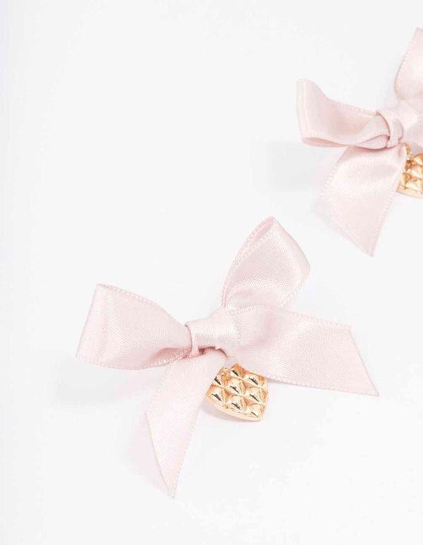 Pink & Gold Textured Bow Heart Earrings