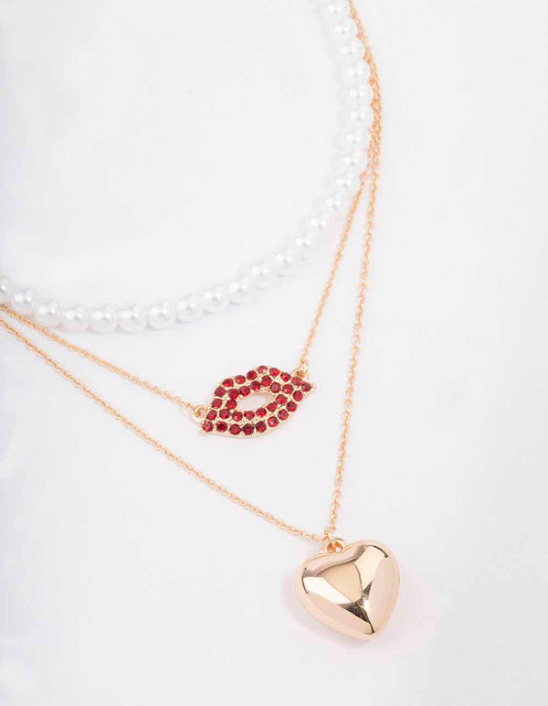 Gold Heart & Lips Glamorous Layered Necklace