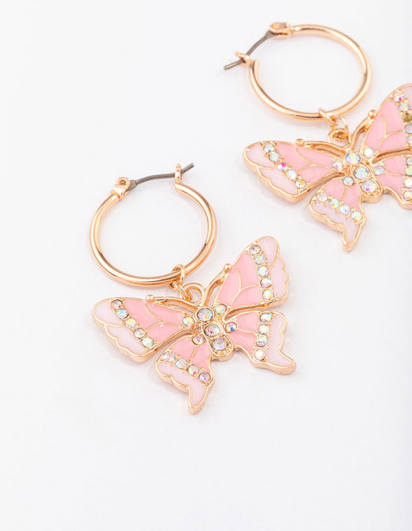 Gold Small Butterfly Pendant Drop Hoop Earrings