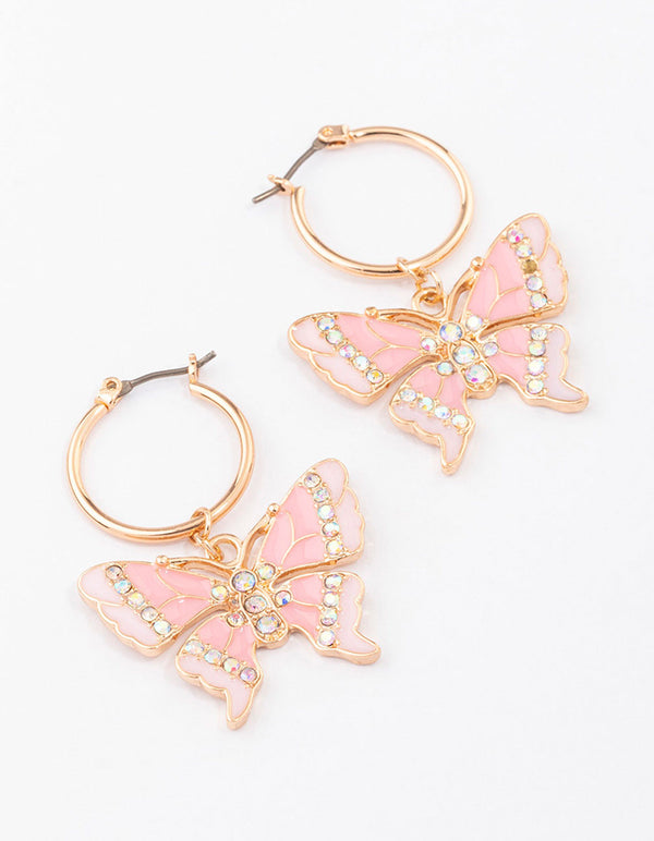 Gold Small Butterfly Pendant Drop Hoop Earrings