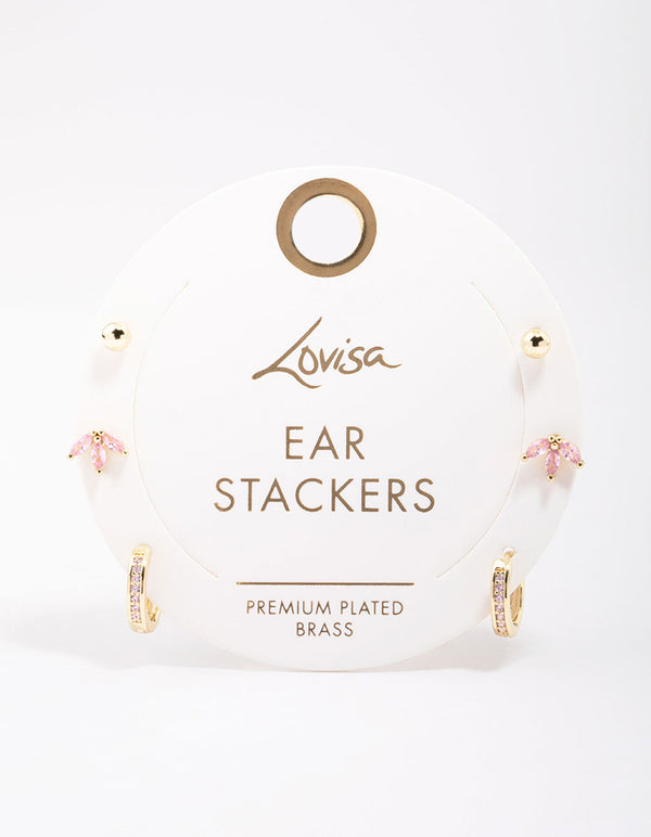 Gold Plated Brass Cubic Zirconia Marquise Earring 3-Pack