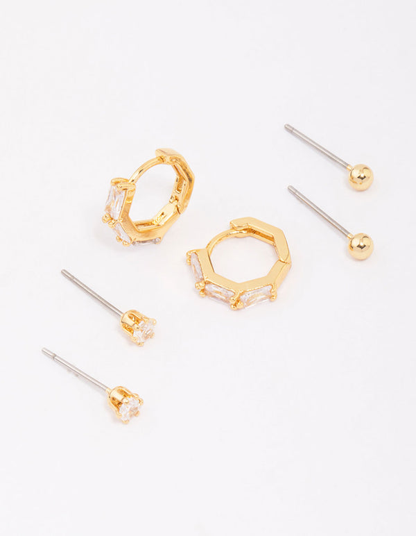 Gold Plated Brass Baguette Gold Ball Earring 6-Pack
