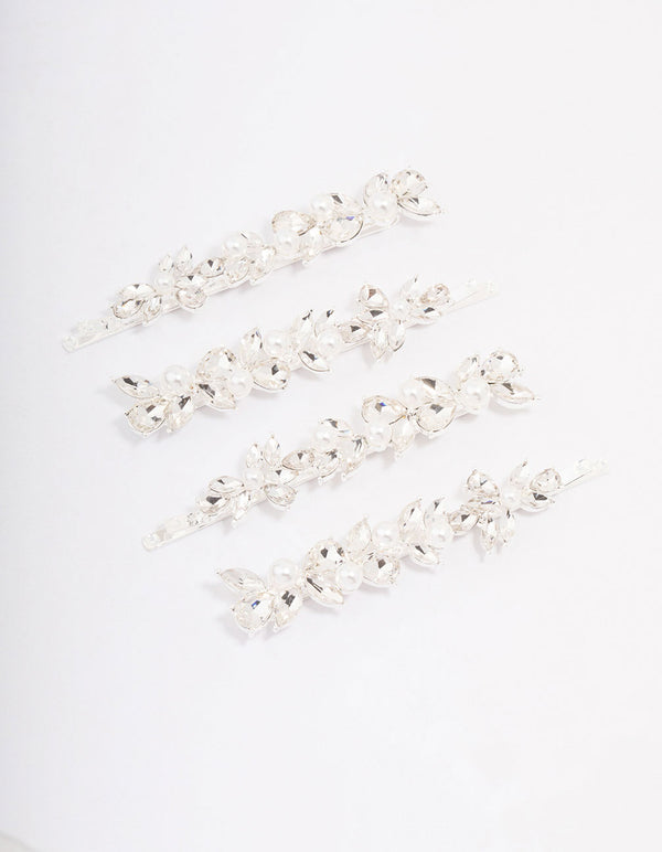 Silver Crystal & Pearl Leaf Hair Clip 4-Pack