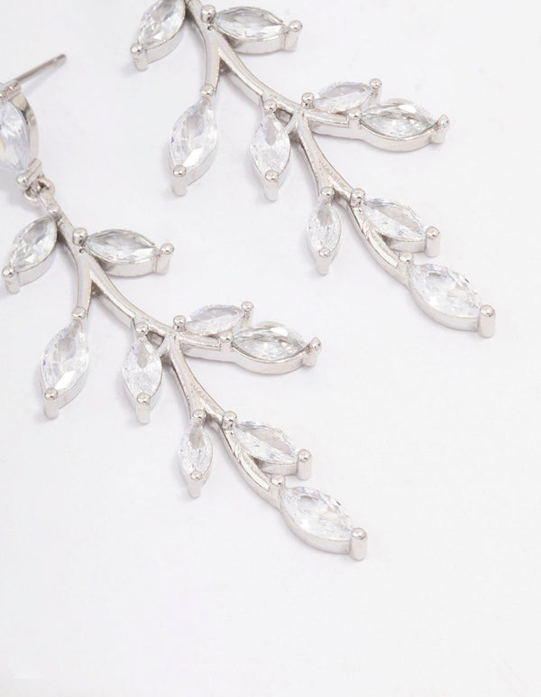 Silver Cubic Zirconia Leaf Drop Earrings