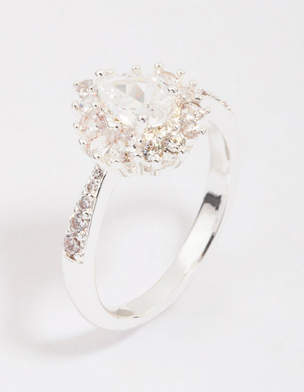 Elegant silver plated regal pear ring featuring stone cut design side detail view