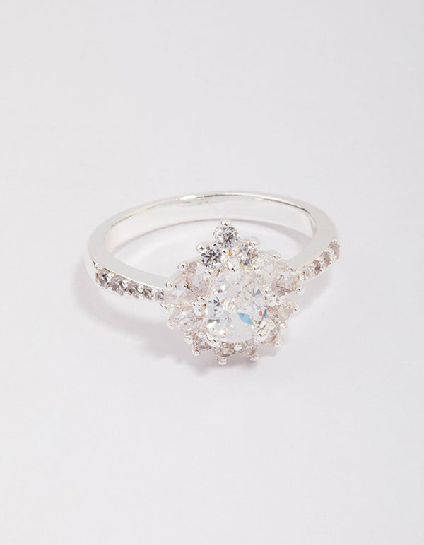 Discover the silver plated regal pear ring with stone cut craftsmanship close up view