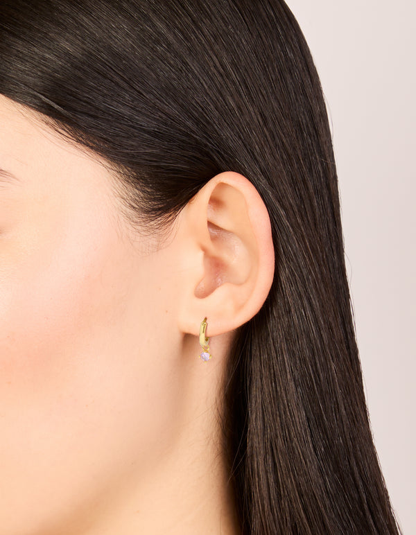 Crafted from gold plated sterling silver, these pink cubic zirconia hoop earrings on ear view
