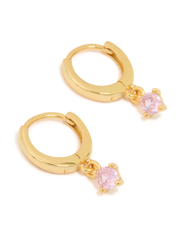Showcasing gold plated sterling silver hoop earrings with pink cubic zirconia front view