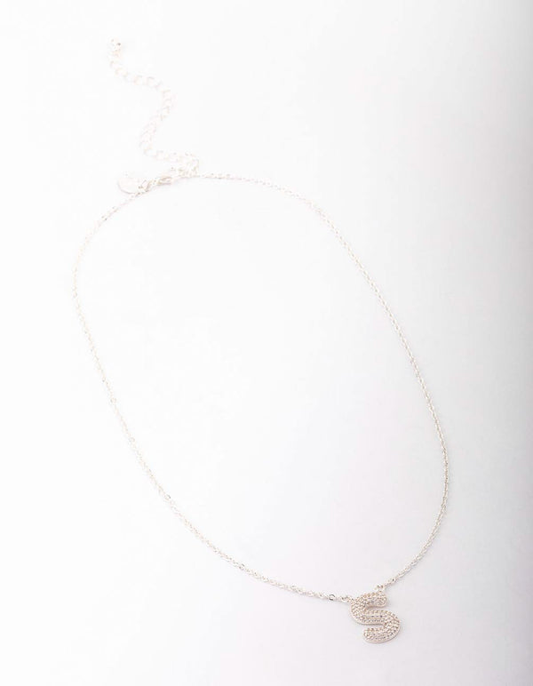 Letter S Silver Plated Brass Pave Pendant Initial Necklace