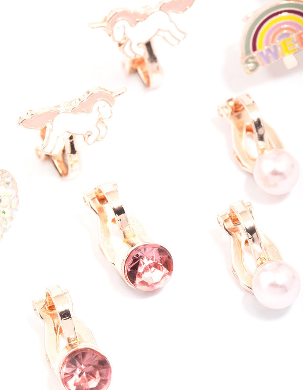 Kids Rose Gold Unicorn Clip-On Earrings 5-Pack