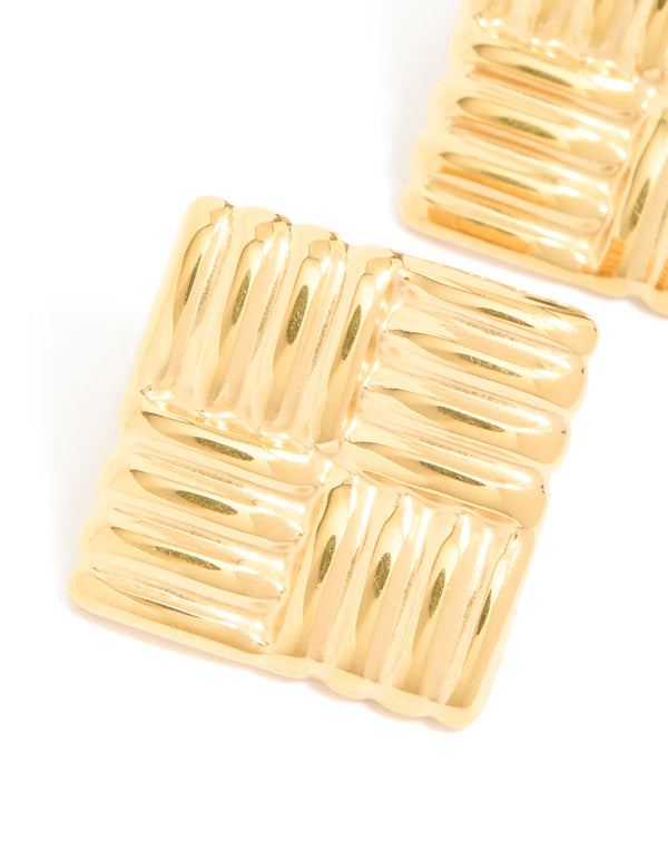 Waterproof Gold Plated Stainless Steel Square Ribbed Stud Earrings