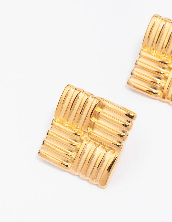 Waterproof Gold Plated Stainless Steel Square Ribbed Stud Earrings