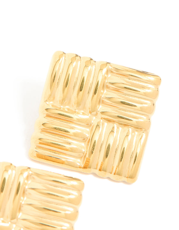 Detailed waterproof gold plated stainless steel square ribbed stud earrings with statement texture post detail view