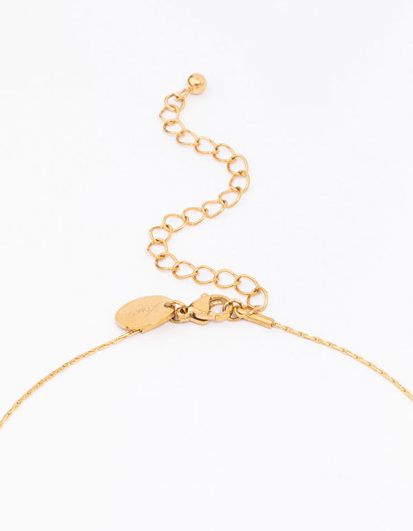 Highlighting a waterproof thin pendant necklace with charm featuring baguette and round stone cut crafted from cubic zirconia, gold plated stainless steel clasp detail view