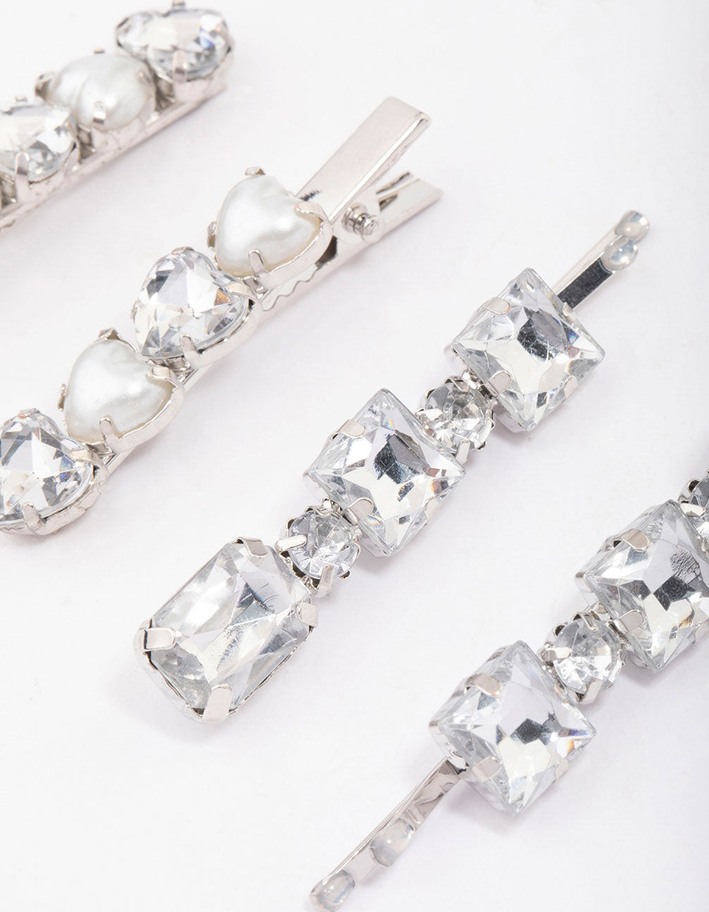 Silver Diamante & Pearl Heart Hair Clip 4-Pack