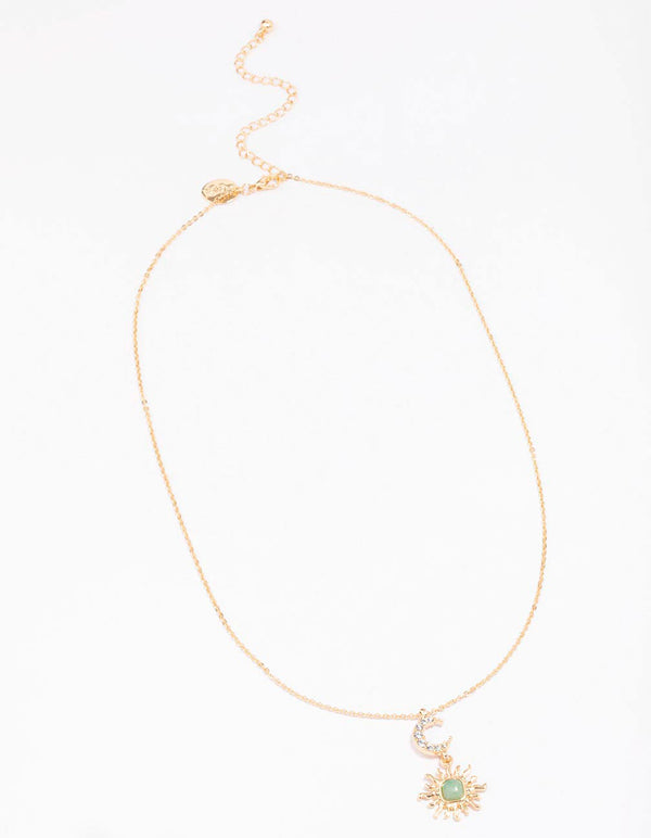 Gold Moon & Sun Semi-Precious Pendant Necklace