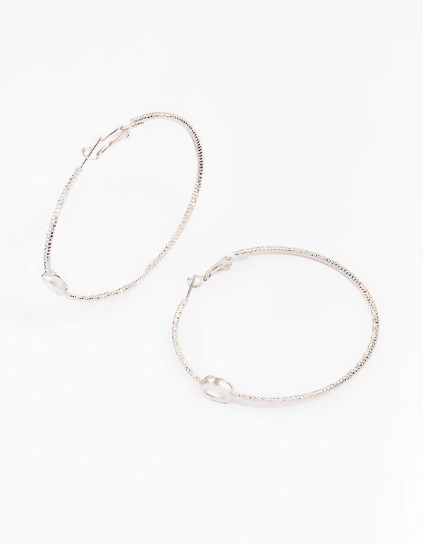 Silver Textural Oval Cubic Zirconia Hoop Earrings