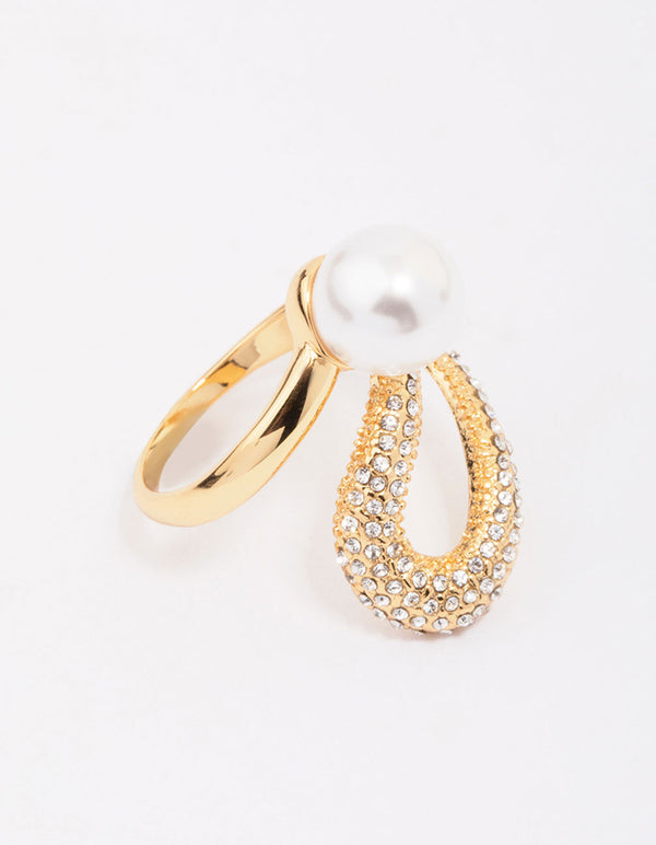 Elegantly crafted gold plated pave pearl cocktail ring with cubic zirconia close up view