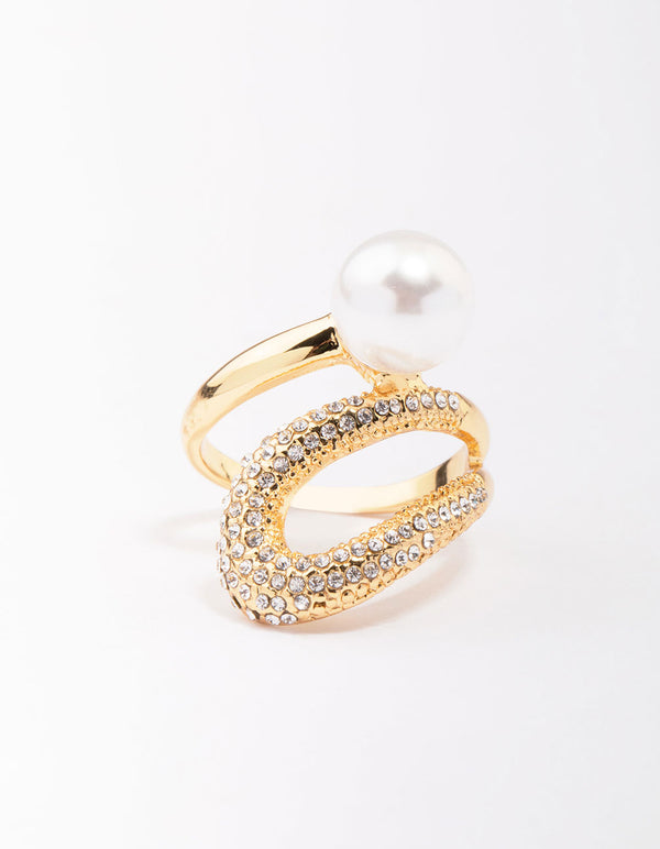 Beautifully designed gold plated pave pearl cocktail ring cubic zirconia front view