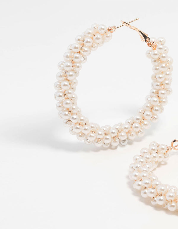 Rose Gold Pearl Medium Hoop Earrings