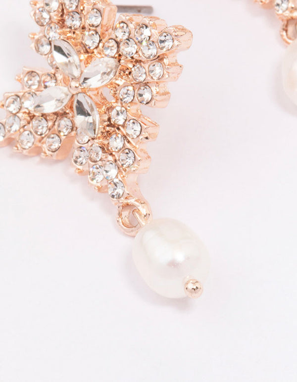 Rose Gold Freshwater Pearl Diamante Drop Earrings