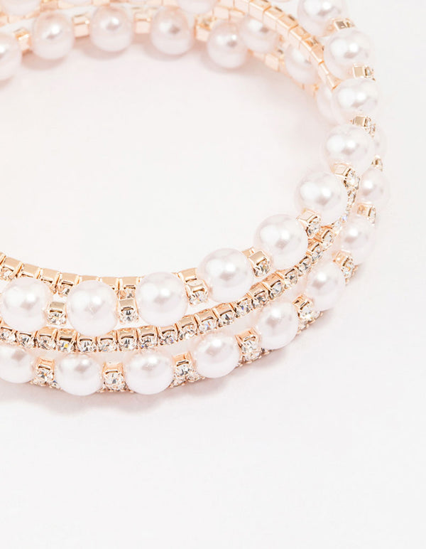 Rose Gold Pearl & Diamante Wrapped Bracelet