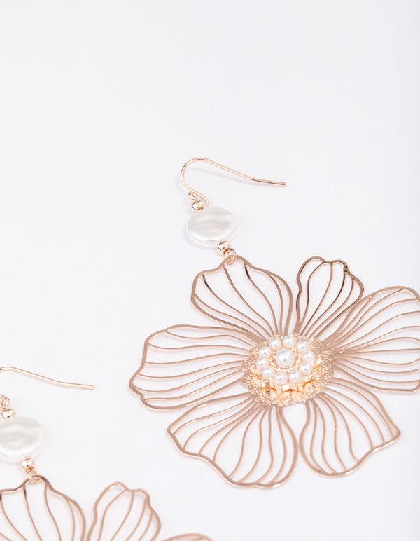 Rose Gold Wire Flower Pearl Drop Earrings