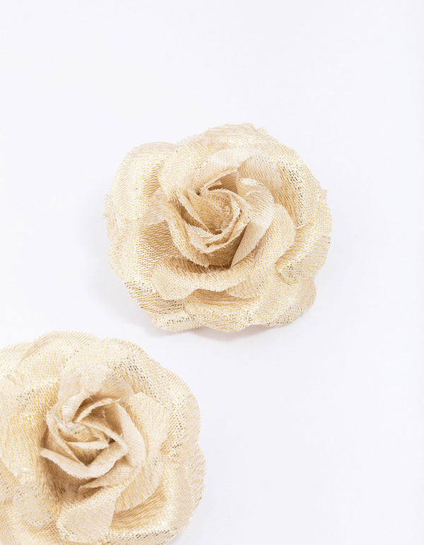 Gold Fabric Flower Statement Stud Earrings