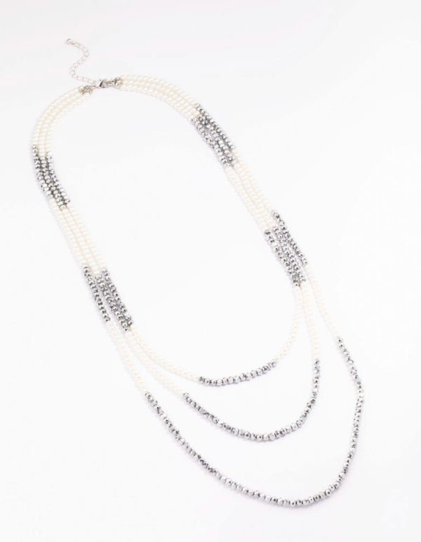 Silver Pearl Facet Layered Necklace