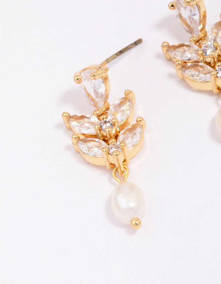 Gold Plated Double Leaf Pearl Drop Earrings