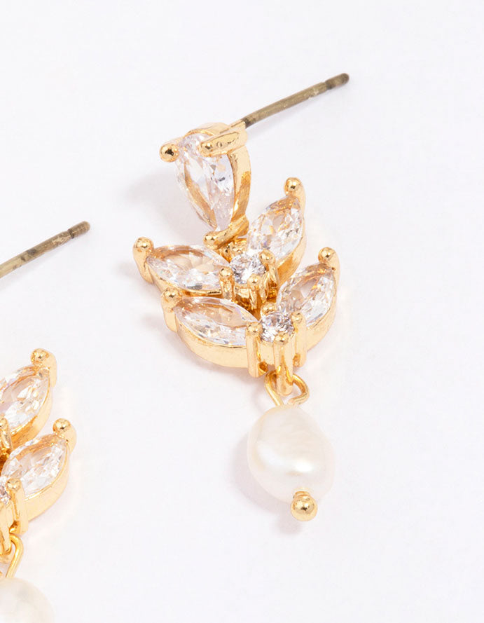 Gold Plated Double Leaf Pearl Drop Earrings