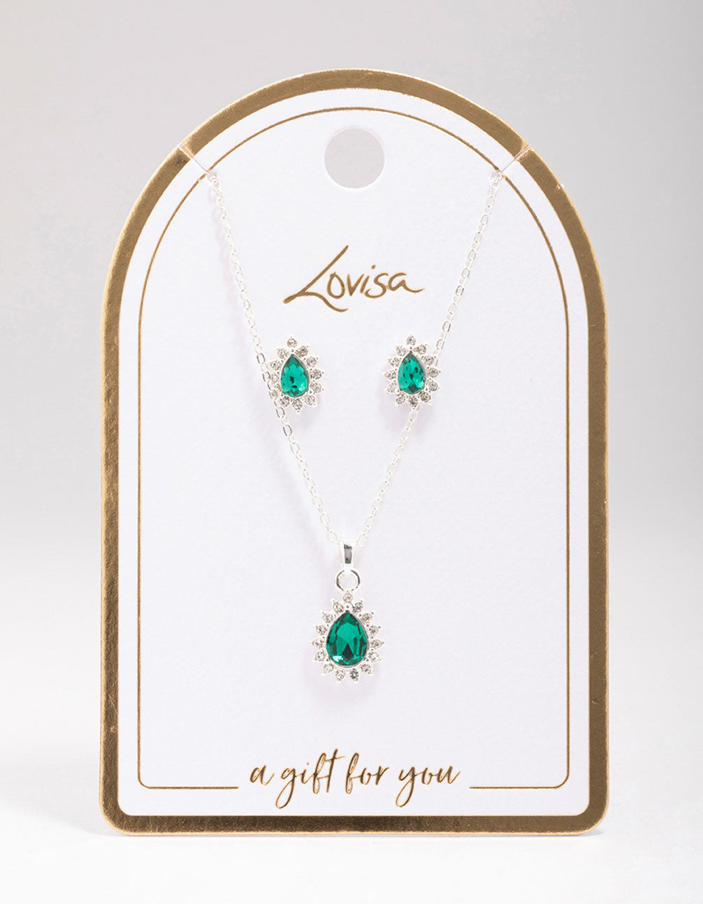 Silver Emerald Teardrop Diamante Jewellery Set