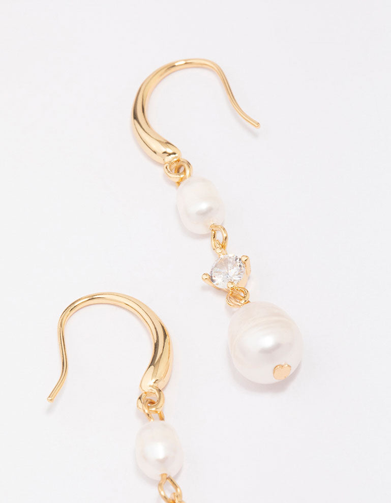 Gold Plated Alternating Pearl & Cubic Zirconia Drop Earrings