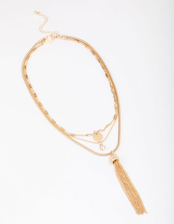 Gold Diamante & Tassel Trio Statement Necklace