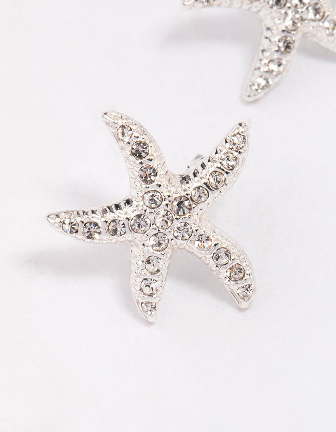 Silver Diamante Starfish Stud Earrings
