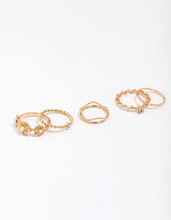 Gold Twisted Flower Stacking Rings 6- Pack