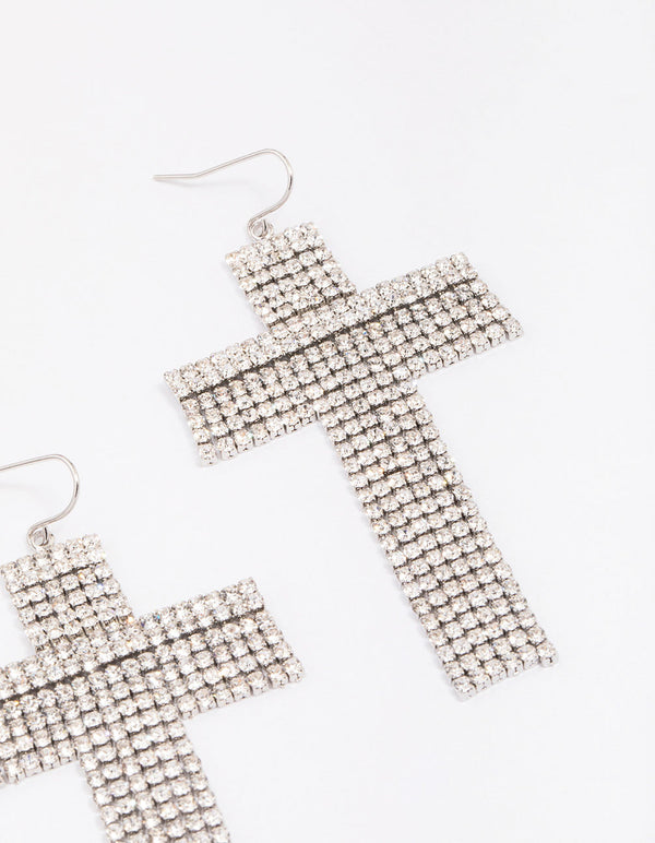 Silver Flowing Cross Drop Earrings