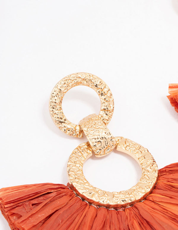 Gold Hammered Orange Raffia Link Drop Earrings
