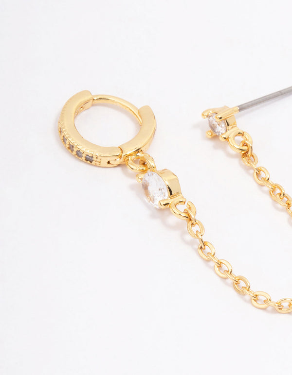 Gold Plated Cubic Zirconia Pave Huggie Chain Earring Pack