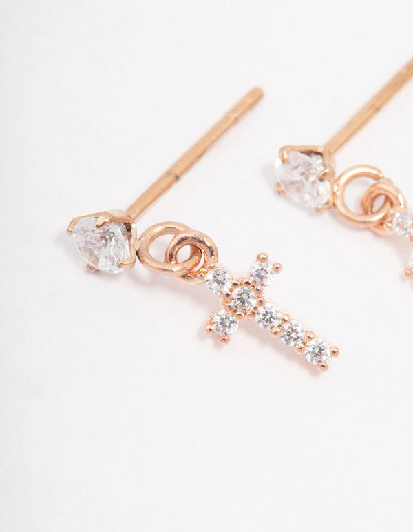 Rose Gold Plated Surgical Steel Cubic Zirconia Cross Stud Earrings
