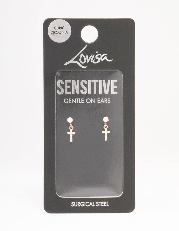 Rose Gold Plated Surgical Steel Cubic Zirconia Cross Stud Earrings