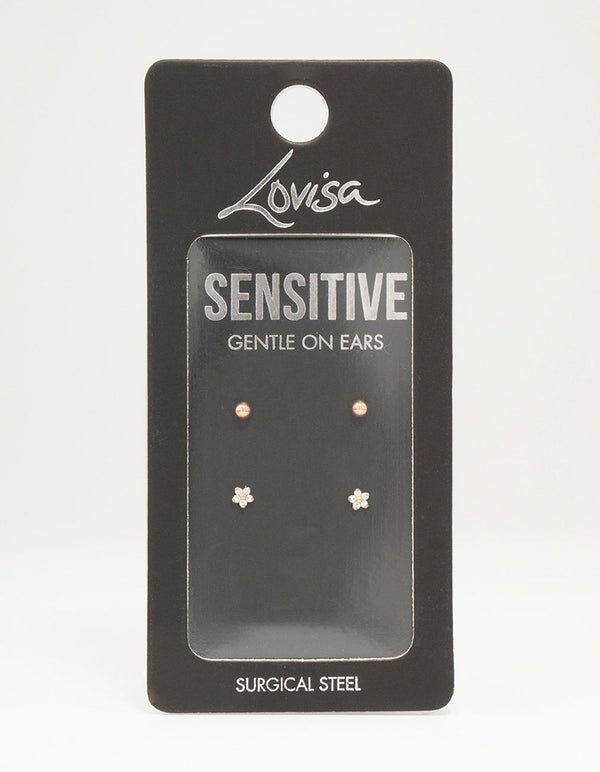 Rose Gold Plated Surgical Steel Ball & Flower Stud Earring Pack