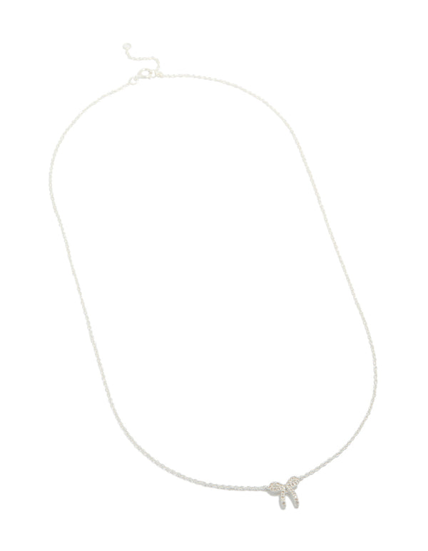 Showcasing a sterling silver cubic zirconia bow pendant necklace with dainty in silver front view
