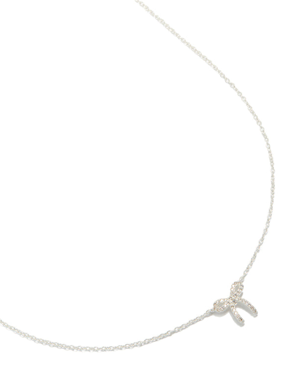 Showcasing a sterling silver cubic zirconia bow pendant necklace with dainty in silver front view