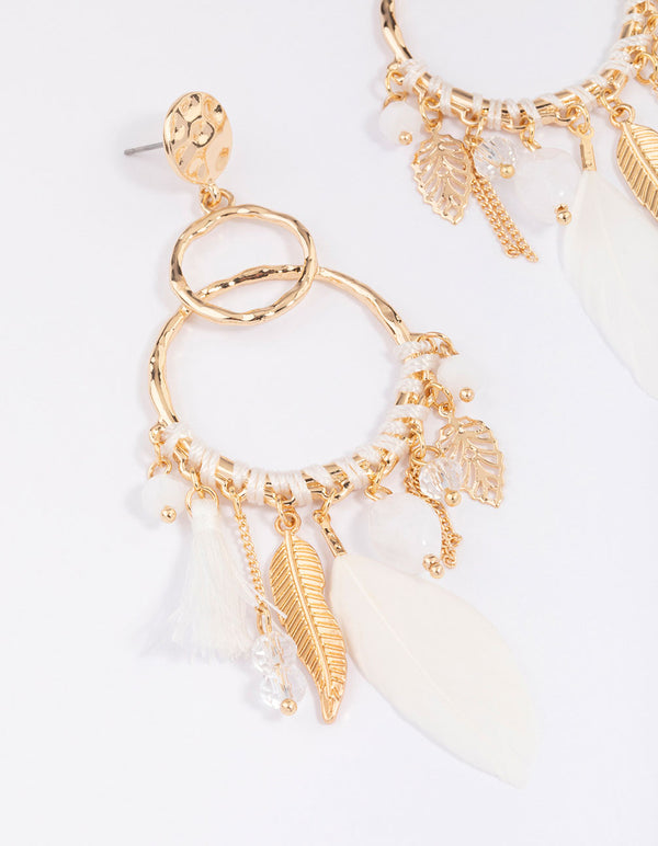 Gold Thread Feather Beaded Drop Earrings