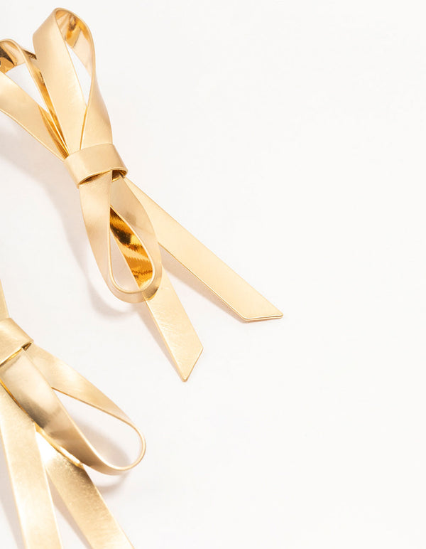 Gold Plated Large Bow Drop Stud Earrings