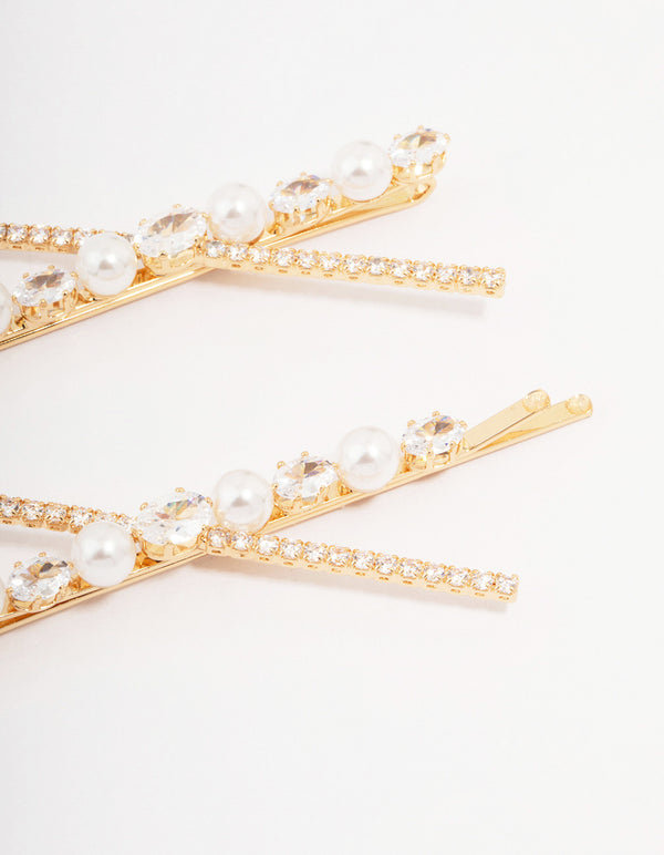 Gold Pearl & Crystal Cross Hair Clip 2-Pack